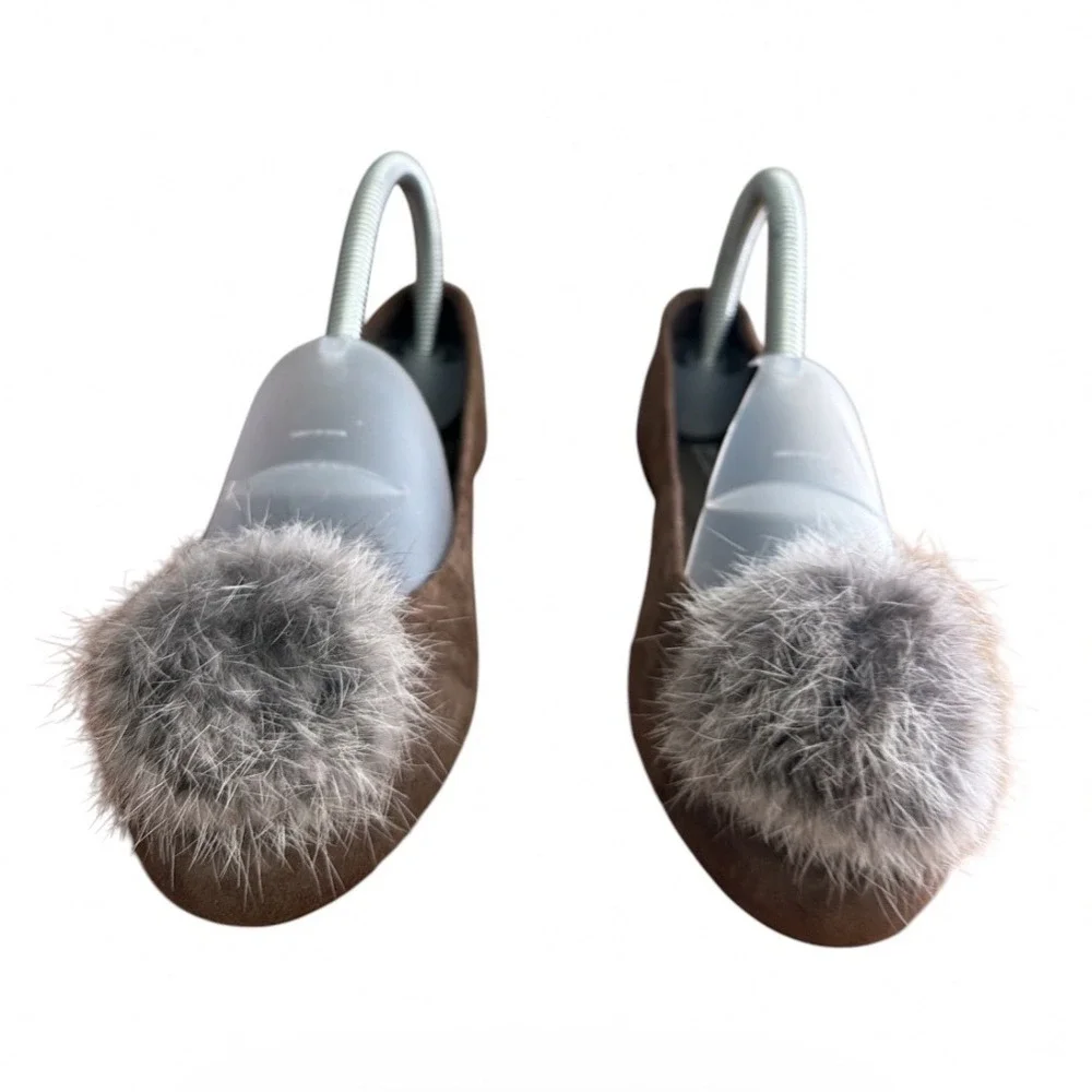 Michael Kors‎ Ballet Flats Womens 8 Brown Suede Faux Fur Pom-Pom Round Toe Flat